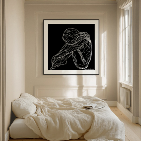Awe-inspiring print by Hilde Alet Malan, shown in a black frame with mount in a room (frame not included)