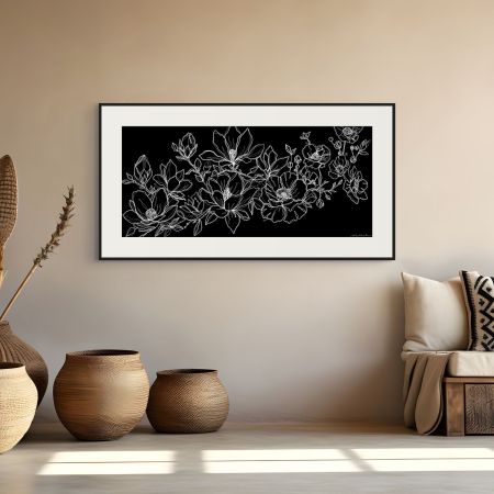 Blooming in his grace art print by Hilde Alet Malan in a black frame mount, on a wall