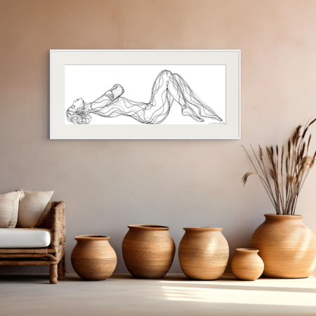 Contemplate print by Hilde Alet Malan, shown in a white frame with mount in a room (frame not included)