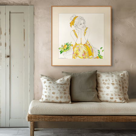 Golden heart art print by Hilde Alet Malan in a cherry wood frame mount, on a wall