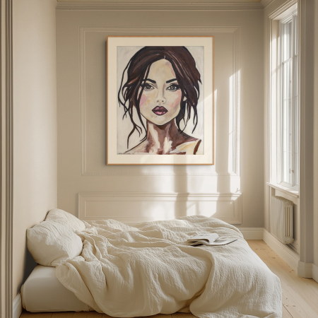 Held by grace art print by Hilde Alet Malan in a cherry wood frame mount, on a wall