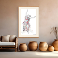 Balanced print by Hilde Alet Malan, shown in a cherry frame with mount in a room (frame not included)