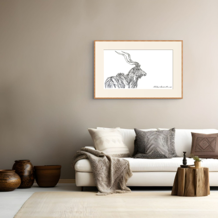 Kudu print by Hilde Alet Malan, shown in a cherry frame with mount in a room (frame not included)