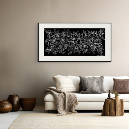 Promised print by Hilde Alet Malan, shown in a black frame with mount in a room (frame not included)