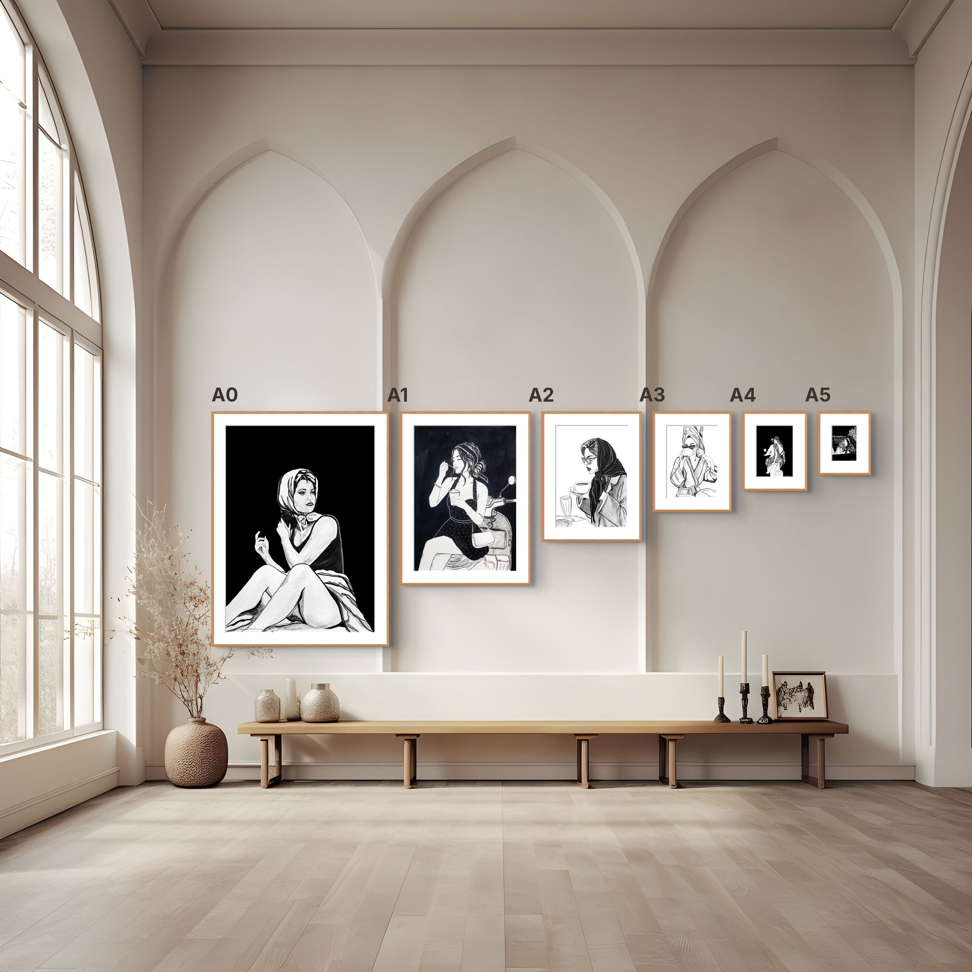Print size guide: A0 to A5 prints shown to scale on a wall