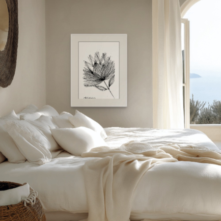 Protea WP1 print by Hilde Alet Malan, shown in a white frame with mount in a room (frame not included)