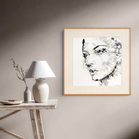 Serenity art print by Hilde Alet Malan in a cherry wood frame mount, on a wall