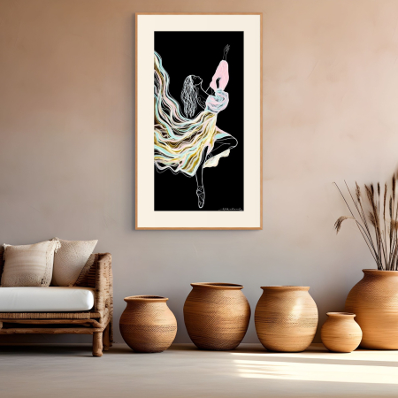 Spectacular art print by Hilde Alet Malan in a cherry wood frame mount, on a wall