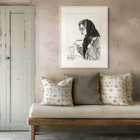Still art print by Hilde Alet Malan in a white frame mount, on a wall