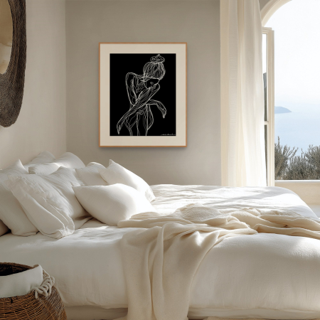 Tranquility art print by Hilde Alet Malan in a cherry wood frame mount, on a wall